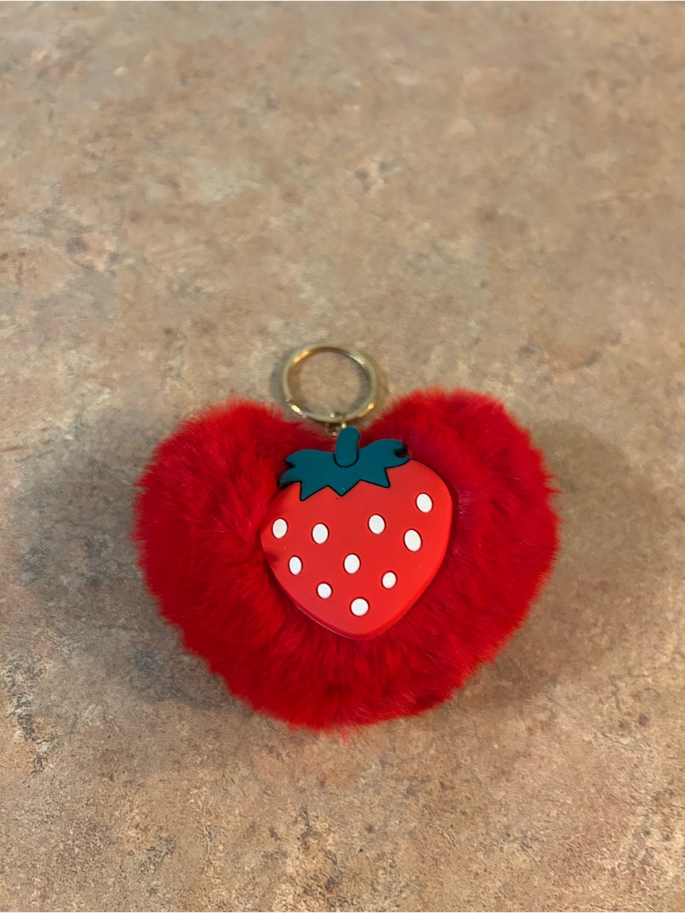 Red Fuzzy Heart Keychain with Strawberry Charm
